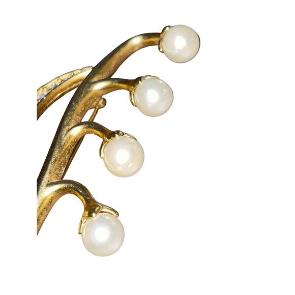 Swarovski Crystal Faux Pearl Brooch Pin Gold Tone Lily of the Valley Signed Swan - Picture 3 of 13
